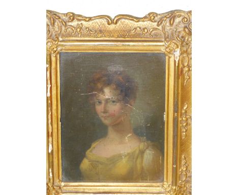 19th.C.ENGLISH SCHOOL. PORTRAIT OF A YOUNG LADY, OIL ON BOARD. 14 x 11cms TOGETHER WITH A NAIVE WATERCOLOUR PORTRAIT OF A YOU