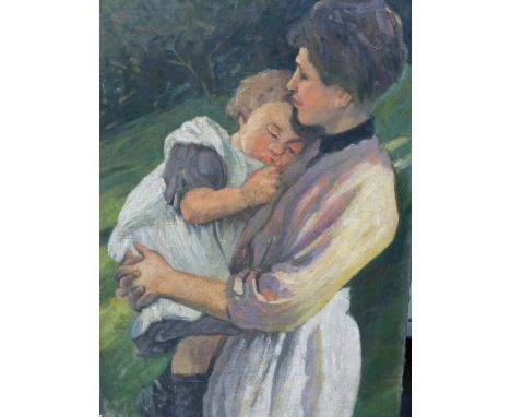 A DECORATIVE IMPRESSIONISTIC PORTRAIT OF A MOTHER AND CHILD, AN UNFRAMED OIL ON CANVAS, LAID DOWN.    92 x 61cms.