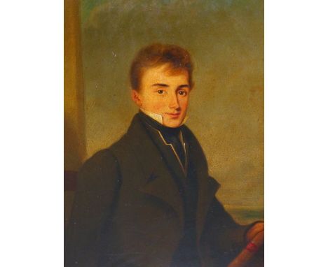 EARLY 19th.C.ENGLISH SCHOOL. PORTRAIT OF A GENTLEMAN HOLDING A BOOK, REPUTEDLY EDWARD BULL, OIL ON BOARD. 33 x 27cms.