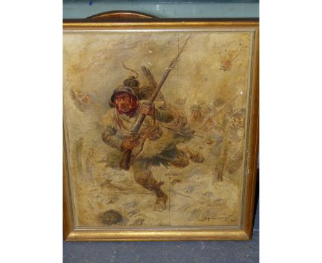 EUGENE CHAPERON (1857-1938).  THE INFANTRY CHARGE, SIGNED AND DATED 1917, OIL ON PANEL.  41 x 32.5cms.