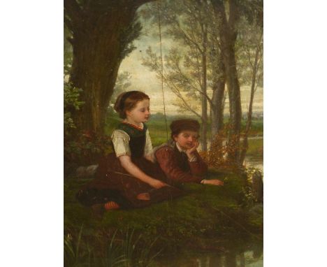 19th.C.CONTINENTAL SCHOOL.    FISHING IN THE STREAM,  INDISTINCTLY SIGNED, OIL ON PANEL, UNFRAMED.    49.5 x 38cms.