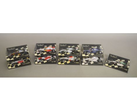 9 boxed Minichamps F1 Racing Car diecast models in 1:43 scale, with various teams and drivers being represented in this lot i