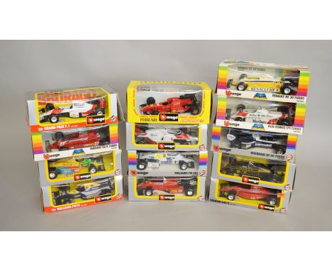 13 boxed Bburago diecast Racing Car models in 1:24 scale, overall appear G/G+ with some of the models unsecured in generally 