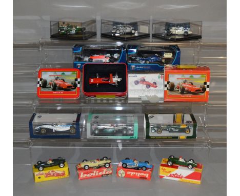 13 boxed diecast Racing Car models by Solido, Quartzo and Spark in 1:43 scale including three vintage Solido items in card bo