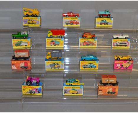 14 boxed  Matchbox 1-75 series 'Superfast' models, including 25 Ford Cortina,  25 Mod Tractor, 2 x 25 Flat Car/Container, 27 