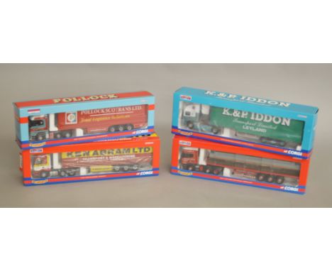 Four boxed Corgi 1:50 scale diecast model trucks, CC13907 Foden Ken Abram, CC13713 Scania Prestons of Potto, CC13809 Mercedes