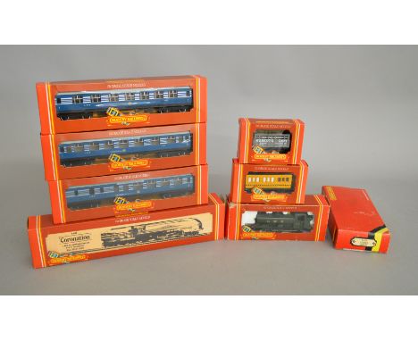 OO Gauge. A quantity of boxed Hornby locomotives, rolling stock and accessories including R.685 LMS 4-6-2 'Coronation' Class 