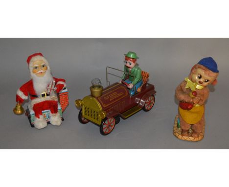 Three unboxed vintage Japanese battery operated tinplate toys including a Modern Toys 'Old Timer Automoball' car, missing bal