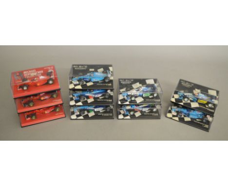 7 boxed Minichamps Benetton F1 Racing Car diecast models in 1:43 scale including B196 G Berger and B201 J Button together wit