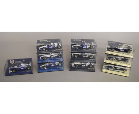 10 boxed Minichamps F1 Williams BMW Racing Car diecast models in 1:43 scale, with various drivers being represented in this l