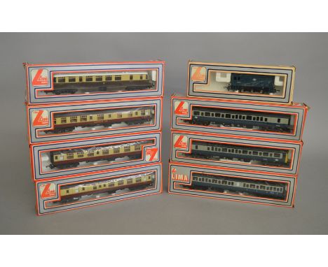 OO Gauge. A quantity of boxed Lima locomotives and carriages including 205147MWG Class 117 DMU motorised unit, 205148W, 20514