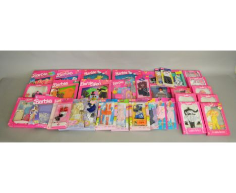 34 boxed Barbie doll outfits by Mattel, these also includes outfits for Ken, Shelly and Skipper, Barbie Diamant, Ken Active W