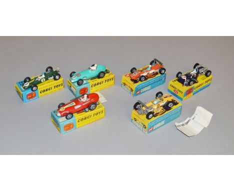 6 boxed Corgi Toys diecast model Racing Cars, 150S Vanwall, 152S BRM, 155 Lotus-Climax, 156 Cooper Maserati, 158 Lotus Climax