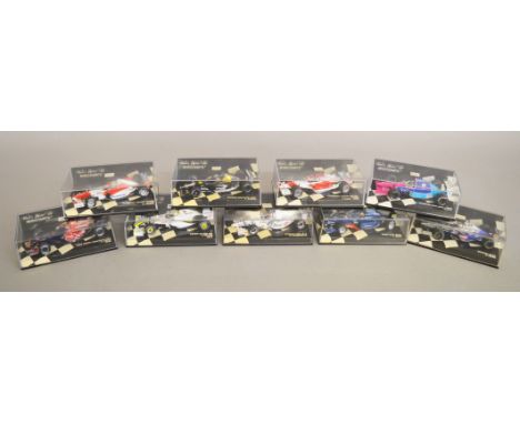 9 boxed Minichamps F1 Racing Car diecast models in 1:43 scale, with various teams and drivers being represented in this lot i