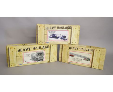 3 boxed Heavy Haulage diecast by Corgi, which includes; CC12422 Volvo FH Globetrotter with bogie and beam load, CC12818 Scani