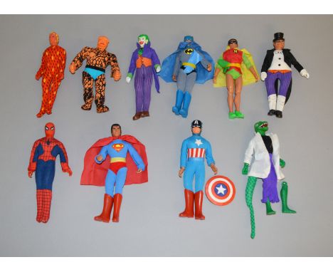 Vintage 10 8 inch Mego figures from the 1970's, this includes; Batman, Robin, Joker, Superman, Captain America etc (10).