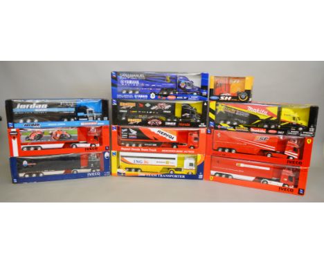 10 boxed NewRay diecast truck models in 1:32 scale, many of which are in motor racing related liveries, including Iveco, Merc