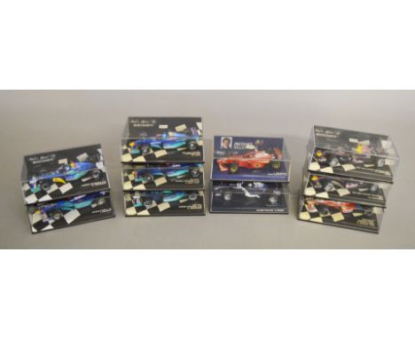 10 boxed Minichamps F1 Racing Car diecast models in 1:43 scale, with various teams and drivers being represented in this lot 