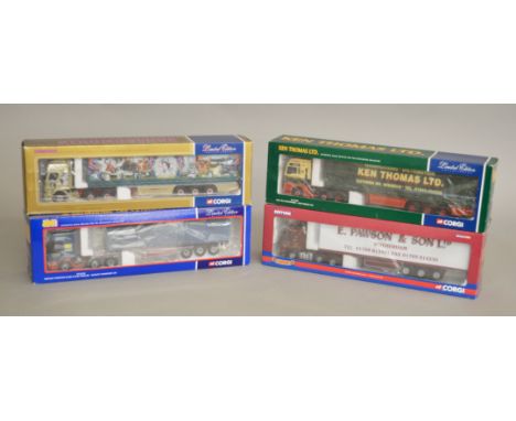 Four boxed Corgi 1:50 scale diecast model trucks, CC13506 Volvo E. Pawson, CC13403 MAN Ken Thomas, CC12104 Renault Strongserv