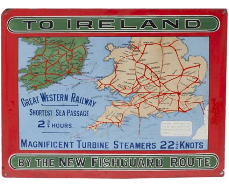 GWR Pictorial Enamel Map TO IRELAND BY THE NEW FISHGUARD ROUTE GREAT WESTERN RAILWAY SHORTEST SEA PASSAGE MAGNIFICENT TURBINE