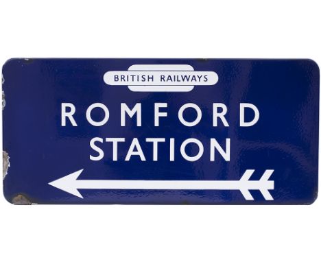 BR(E) FF enamel railway station direction sign ROMFORD STATION with left facing arrow and British Railways totem. In very goo
