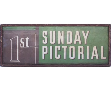 Advertising enamel sign 1st SUNDAY PICTORIAL in the shape of a carriage door. In original frame, measures 43in x 16in. In ver