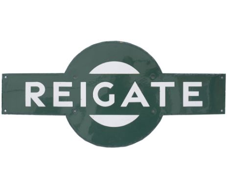 Southern Railway enamel target station sign REIGATE from the former South Eastern &amp; Chatham Railway station between Red H