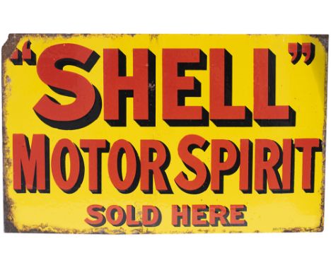 Advertising enamel sign SHELL MOTOR SPIRIT SOLD HERE. Double sided, both sides are in good condition with minor chipping. Mea