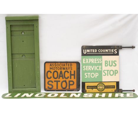 Motoring Bus signs x4: ASSOCIATED MOTORWAYS double sided enamel COACH STOP, 10.5in x 13in, good condition; double sided UNITE