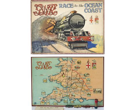 GWR board game RACE TO THE OCEAN COAST manufactured by Chad Valley for the Great Western Railway. Complete with the  Shaker (