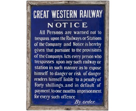 Great Western Railway fully titled enamel TRESPASS sign. In very good condition complete with original wooden frame. Measures