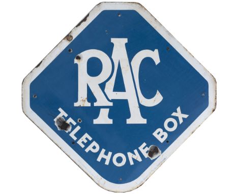 Motoring enamel sign RAC TELEPHONE BOX. In good condition with some chipping. Measures 18.5in x 18.5in.