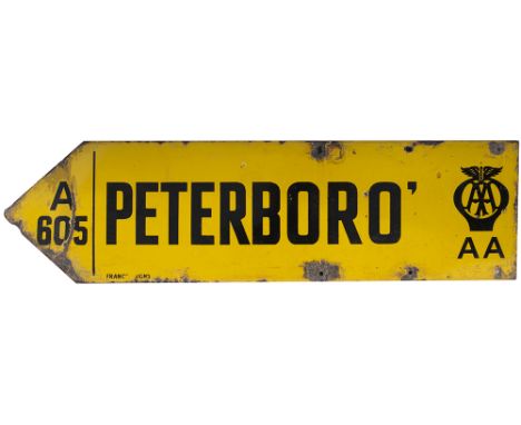 Motoring enamel sign AA PETERBORO A605. Double sided, both sides in good condition with some chipping. Measures 37.5in x 10.5