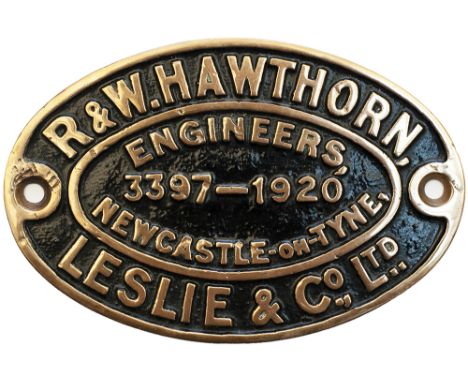 Worksplate R&amp;W HAWTHORN LESLIE &amp; CO LTD ENGINEERS NEWCASTLE-ON-TYNE 3397 1920 ex Taff Vale Railway A Class 0-6-2 T de