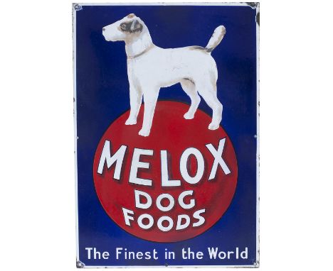 Advertising enamel sign MELOX DOG FOODS THE FINEST IN THE WORLD. Measures 26in x 18in and is in very good condition with a fe