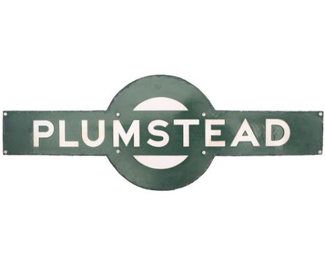Southern Railway enamel target station sign PLUMSTEAD from the former South Eastern &amp; Chatham Railway station between Cha
