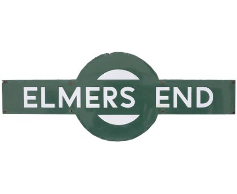 Southern Railway enamel target station sign ELMERS END from the former South Eastern &amp; Chatham Railway station between Ne