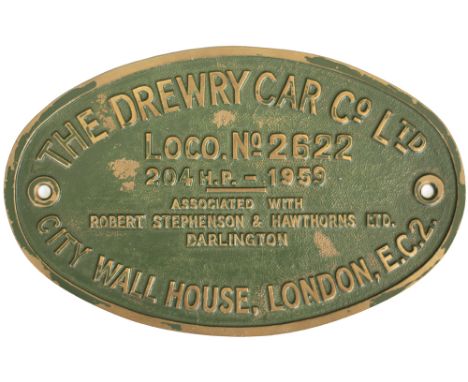 Worksplate THE DREWRY CAR CO LTD CITY WALL HOUSE LONDON EC2 ASSOCIATED WITH ROBERT STEPHENSON &amp; HAWTHORNS LTD DARLINGTON 