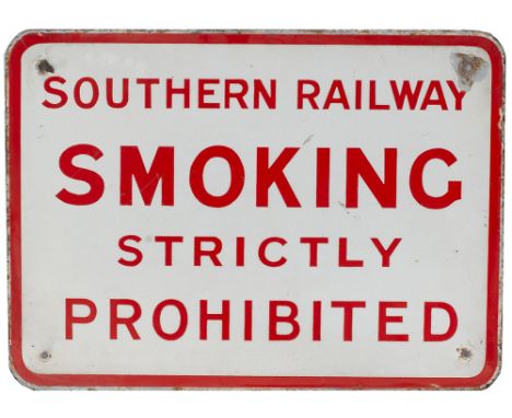SR enamel sign SOUTHERN RAILWAY SMOKING STRICTLY PROHIBITED. In very good condition with some chipping around the screw holes
