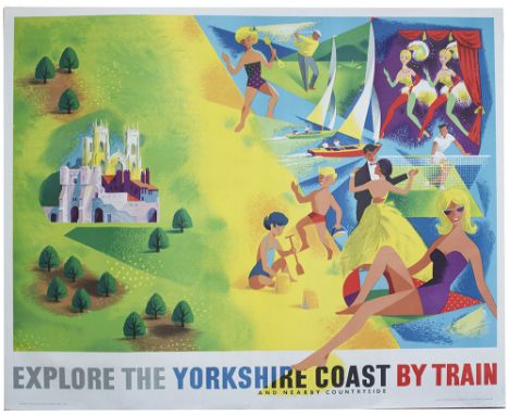 Poster BR(NE) EXPLORE THE YORKSHIRE COAST BY TRAIN by R. Lander. Quad Royal 50in x 40in. In very good condition, has been fol