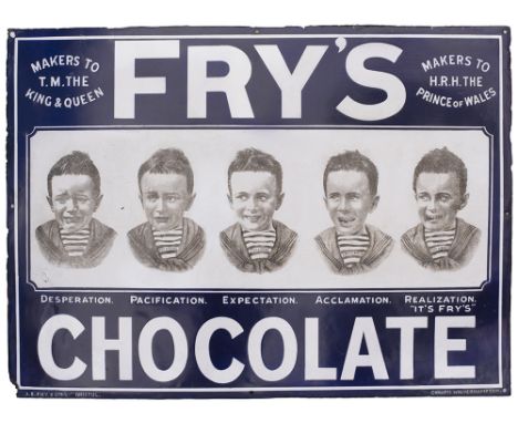 Advertising enamel sign FRY'S CHOCOLATE MAKERS TO T.M. THE KING &amp; QUEEN depicting the famous five boys. Measures 30in x 2