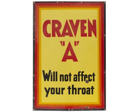 Advertising enamel sign CRAVEN A WILL NOT AFFECT YOUR THROAT measuring 36in x 24in. In good condition with minor chipping.