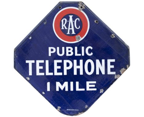 Motoring enamel sign RAC PUBLIC TELEPHONE 1 MILE. In very good condition with minor chipping. Measures 26in x 26in.