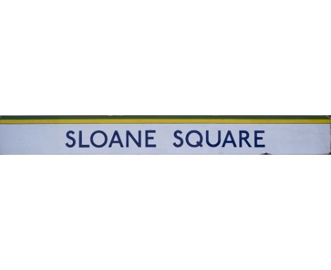 London Underground enamel frieze sign SLOANE SQUARE measuring 78.5in x 9in. In very good condition with minor chipping.