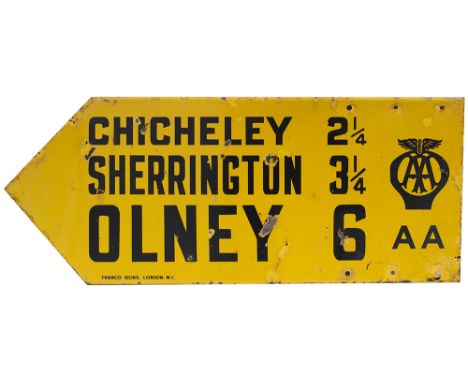 Motoring enamel sign AA CHICHELEY SHERRINGTON OLNEY. Double sided, both sides in good condition with some chipping. Measures 