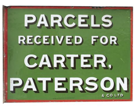 Advertising enamel sign PARCELS RECEIVED FOR CARTER, PATTERSON &amp; CO LTD. Double sided with wall mounting flange. Both sid