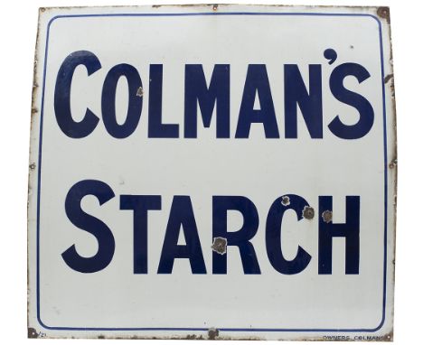 Advertising enamel sign COLMAN'S STARCH measuring 38in x 36in. In good condition with a few chips around the edge and on the 