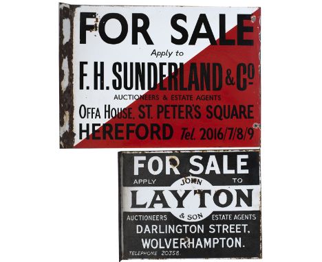 Advertising enamel Estate Agents signs x2; FOR SALE APPLY JOHN LAYTON &amp; SON DARLINGTON STREET WOLVERHAMPTON, double sided