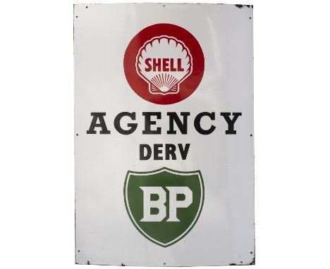 Advertising enamel sign SHELL AGENCY DERV BP measuring 27in x 39in. In excellent condition.