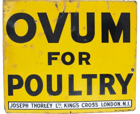 Advertising enamel sign OVUM FOR POULTRY. In good condition with some chipping, measures 32in x 27in.
